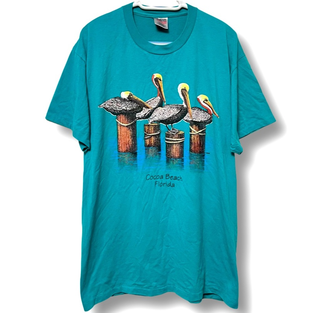 VINTAGE 90s FLORIDA COCOA BEACH PELICANS NATURE NAUTICAL BEACH OCEAN TEE MENS XL
